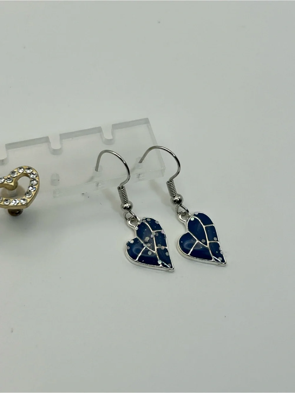 2 Pair Silver-tone Heart Earrings Blue Dangle, Crystal Studs